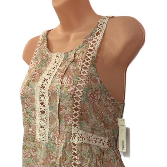 AQUA Rayon Shift Floral Weekend Casual Peasant Nap Dress Crochet Trim Sundress - Picture 11 of 16